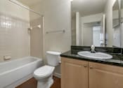 Thumbnail 19 of 24 - Bathroom with Blonde Cabinets, Black Counters and White Bathtub and Beige Shower