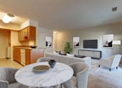 Thumbnail 8 of 9 - a kitchen and living room with a white marble table and chairs