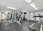 Thumbnail 4 of 29 - A spacious gym with a variety of equipment including a treadmill, weights, and a bench press.