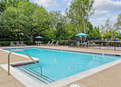 Thumbnail 8 of 29 - A swimming pool surrounded by trees and a fence.