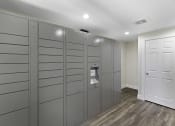 Thumbnail 8 of 18 - A Row of Package Receiving Lockers in the Parcel Area with a White Door and Plank Flooring at Park 210 Apartment Homes, Washington