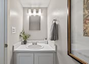 Thumbnail 9 of 16 - A white bathroom with a mirror and a plant on the counter.