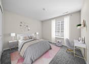 Thumbnail 9 of 23 - A bedroom with a large bed and a chair.