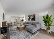 Thumbnail 5 of 23 - A living room with a grey couch and a coffee table.