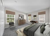 Thumbnail 3 of 23 - A bedroom with a bed, dresser, chair, and window.