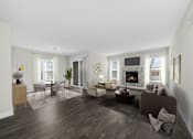 Thumbnail 10 of 22 - A modern living room with a fireplace and a dining table at Amberly Apartments, West Bloomfield, 48322