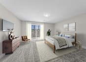 Thumbnail 14 of 22 - A bedroom with a large bed, a dresser, and a chair at Amberly Apartments, West Bloomfield, 48322