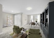 Thumbnail 7 of 22 - A living room with a green chair and a wooden table at Amberly Apartments, West Bloomfield, 48322