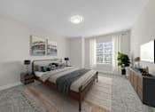 Thumbnail 9 of 22 - A bedroom with a bed, nightstand, and a painting on the wall at Amberly Apartments, West Bloomfield, 48322