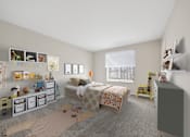 Thumbnail 8 of 17 - A child's bedroom with a bed, dresser, and toys.
