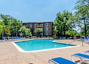 Thumbnail 21 of 31 - A swimming pool surrounded by blue lounge chairs and trees.