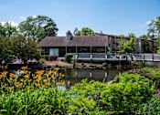 Thumbnail 9 of 31 - A building with a brown roof and a bridge over a pond with orange flowers in the foreground.