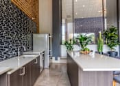 Thumbnail 56 of 62 - A kitchen with a white counter top and a black brick wall.