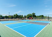 Thumbnail 29 of 62 - A tennis court with a blue surface and green surroundings.