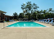 Thumbnail 36 of 43 - A large swimming pool surrounded by chairs and trees.