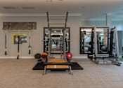 Thumbnail 51 of 73 - A gym with a variety of equipment including a squat rack, bench, and weights.