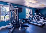 Thumbnail 19 of 25 - A gym with a variety of equipment including a treadmill, a weight bench and a leg press machine.
