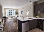 Thumbnail 1 of 15 - A modern kitchen with dark wood floors and stainless steel appliances.