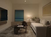 Thumbnail 2 of 14 - A living room with a grey couch, a glass coffee table, and a painting on the wall.