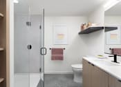 Thumbnail 8 of 30 - a bathroom with a shower and a sink and a toilet at AVE Santa Clara, California, 95054