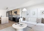 Thumbnail 5 of 30 - a living room with a white couch and a coffee table  at AVE Santa Clara, Santa Clara, CA, 95054