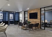 Thumbnail 14 of 19 - A modern living room with a stone wall and a flat screen TV.