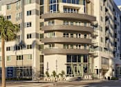 Thumbnail 6 of 19 - A modern building with palm trees in front.
