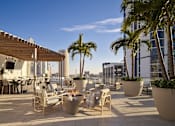 Thumbnail 16 of 19 - A patio with chairs and tables is surrounded by palm trees.