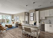 Thumbnail 1 of 19 - A modern kitchen with a dining table and chairs.