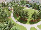 Thumbnail 3 of 18 - A park with a circular walking path and trees.