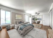 Thumbnail 3 of 27 - a bedroom with a bed and a ceiling fan