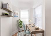 Thumbnail 11 of 38 - a home office with a desk and two windows