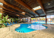 Thumbnail 40 of 51 - A large indoor swimming pool with a wooden ceiling and tiled floor.