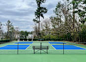 Thumbnail 9 of 49 - A tennis court surrounded by trees and a fence.