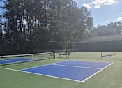 Thumbnail 10 of 49 - A tennis court with a net and two benches.