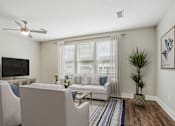 Thumbnail 2 of 69 - A living room with a television, couch, and a plant at Highline Urban Lofts Apartments, Texas