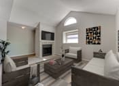 Thumbnail 1 of 32 - A living room with a fireplace and a television.