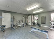 Thumbnail 19 of 42 - A gym with a variety of equipment including a bench press, a squat rack, and a leg press machine at Copper Hill Apartments, Texas