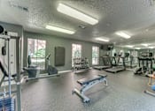 Thumbnail 18 of 42 - A gym with a variety of equipment including a bench press, a treadmill, and a rowing machine at Copper Hill Apartments, Texas, 76021