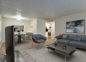 Thumbnail 8 of 42 - A living room with a grey couch, a chair, a coffee table, and a painting on the wall at Copper Hill Apartments, Bedford, Texas