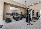 Thumbnail 24 of 53 - Fitness center with treadmills and cable machines at The Barton Apartments, Texas