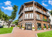 Thumbnail 52 of 52 - Property entrance with checkerboard facade and balconies at The Montrose Apartments, Dallas, 75204