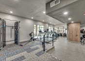 Thumbnail 43 of 52 - Fitness center with cardio machines and strength equipment at The Montrose Apartments, Dallas, Texas