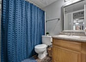 Thumbnail 20 of 72 - blue shower curtain in bathroom at Southern Oaks, Fort Worth Texas