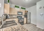 Thumbnail 3 of 37 - Kitchen with granite countertops and double sink at Vue Live Oak Apartments, Dallas, Texas