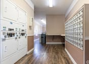 Thumbnail 19 of 22 - A long hallway with a wall of mailboxes on the right.