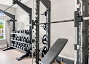 Thumbnail 16 of 39 - A black weight bench is in front of a squat rack with dumbbells on the rack.