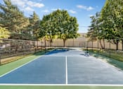 Thumbnail 28 of 38 - A pickleball court surrounded by a fence and trees.