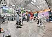 Thumbnail 12 of 20 - A gym with a variety of equipment including treadmills, weights, and exercise machines.