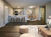 Thumbnail 11 of 23 - A modern kitchen with a dining table and chairs.